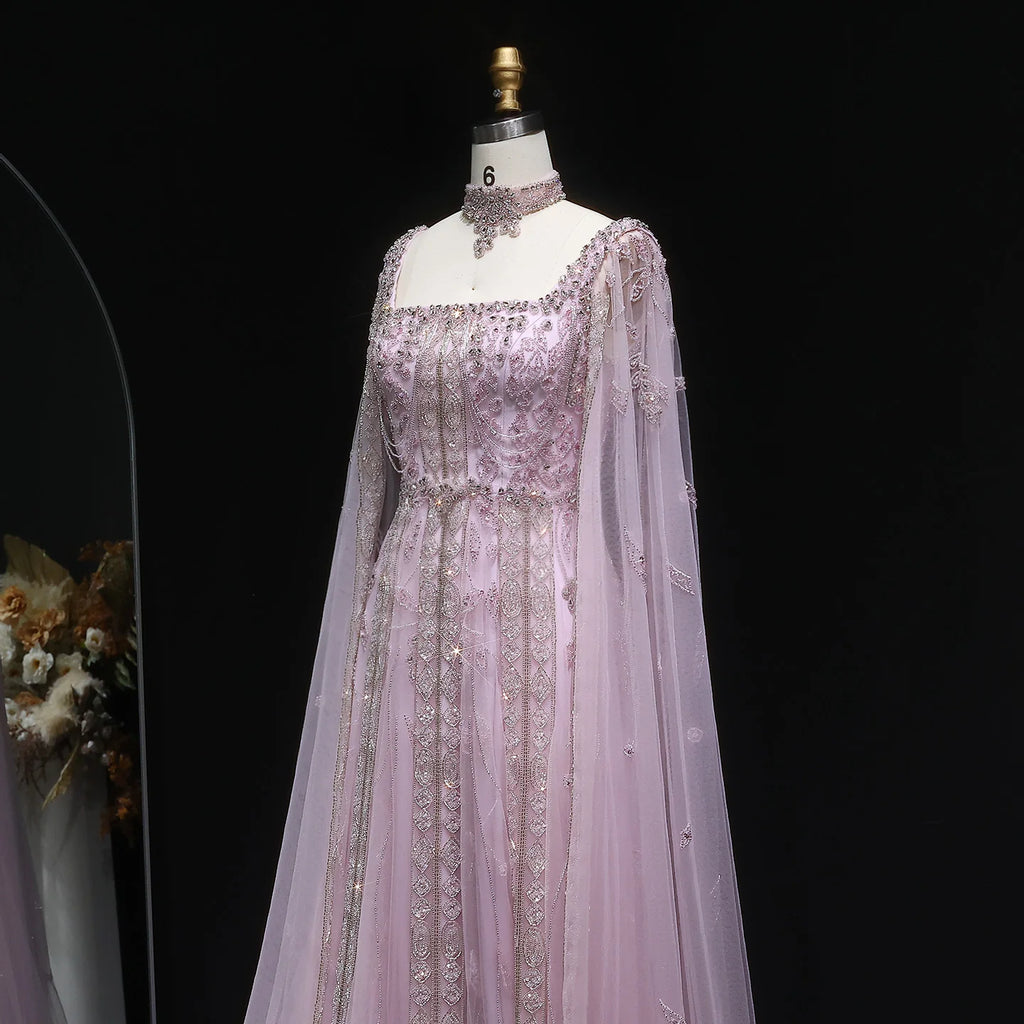 Crystal A-Line Gown | Cape Sleeves | Square Neck | Choker