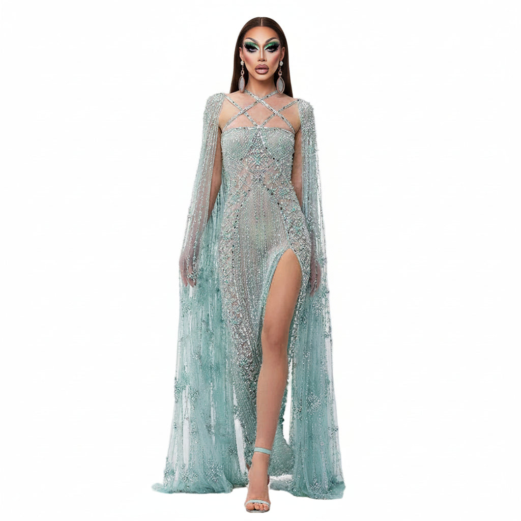 Mermaid Gown with Cape Sleeves | Criss-Cross Bodice | 3 Colors