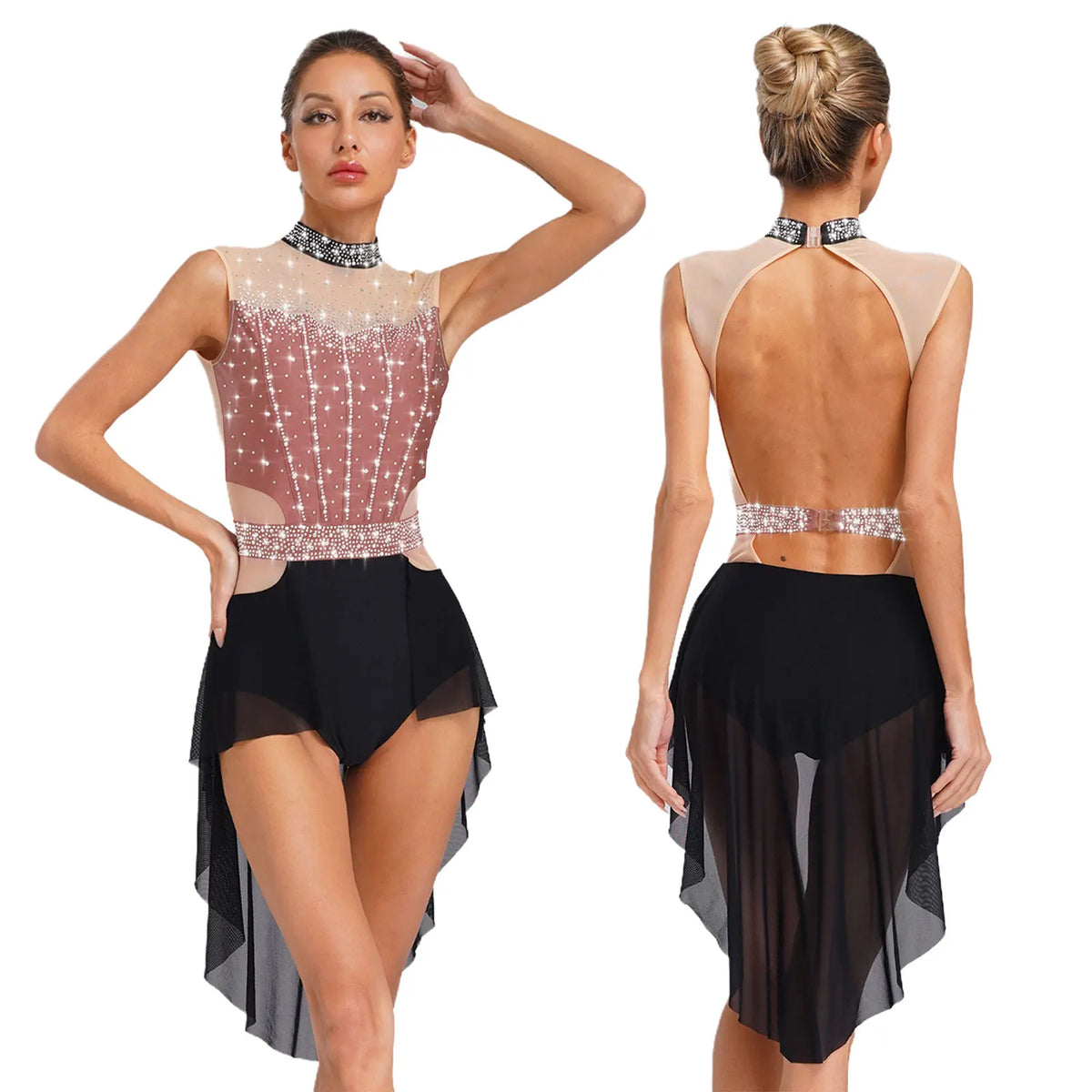 Dance Leotard Dress | Rhinestone Mesh Overlay