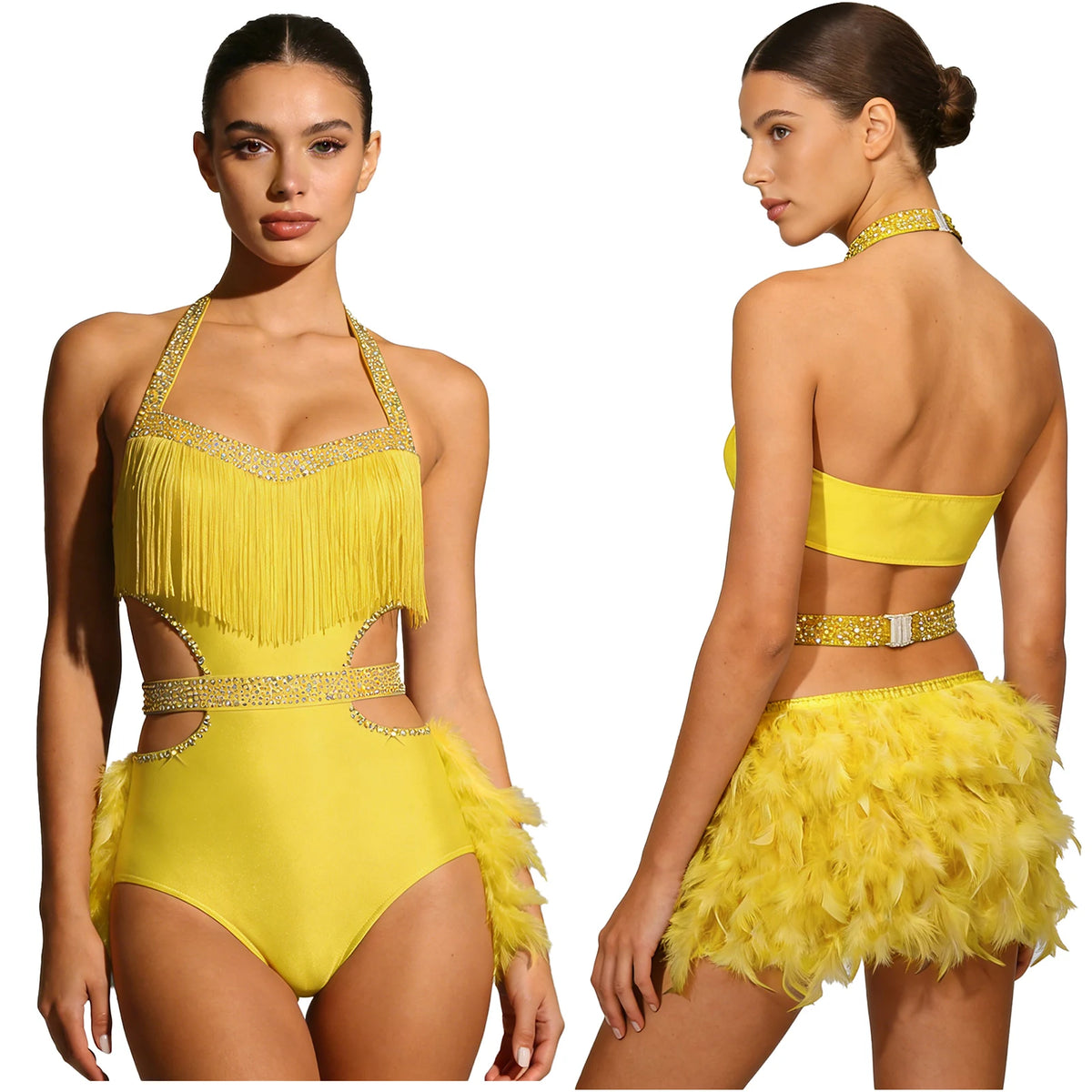 Dance Bodysuit | Rhinestones & Faux Feathers