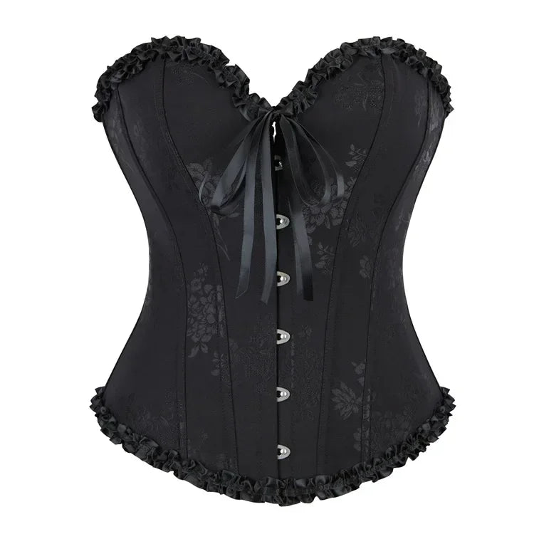 Floral Satin Overbust Corset | Lace Trim | Victorian Gothic