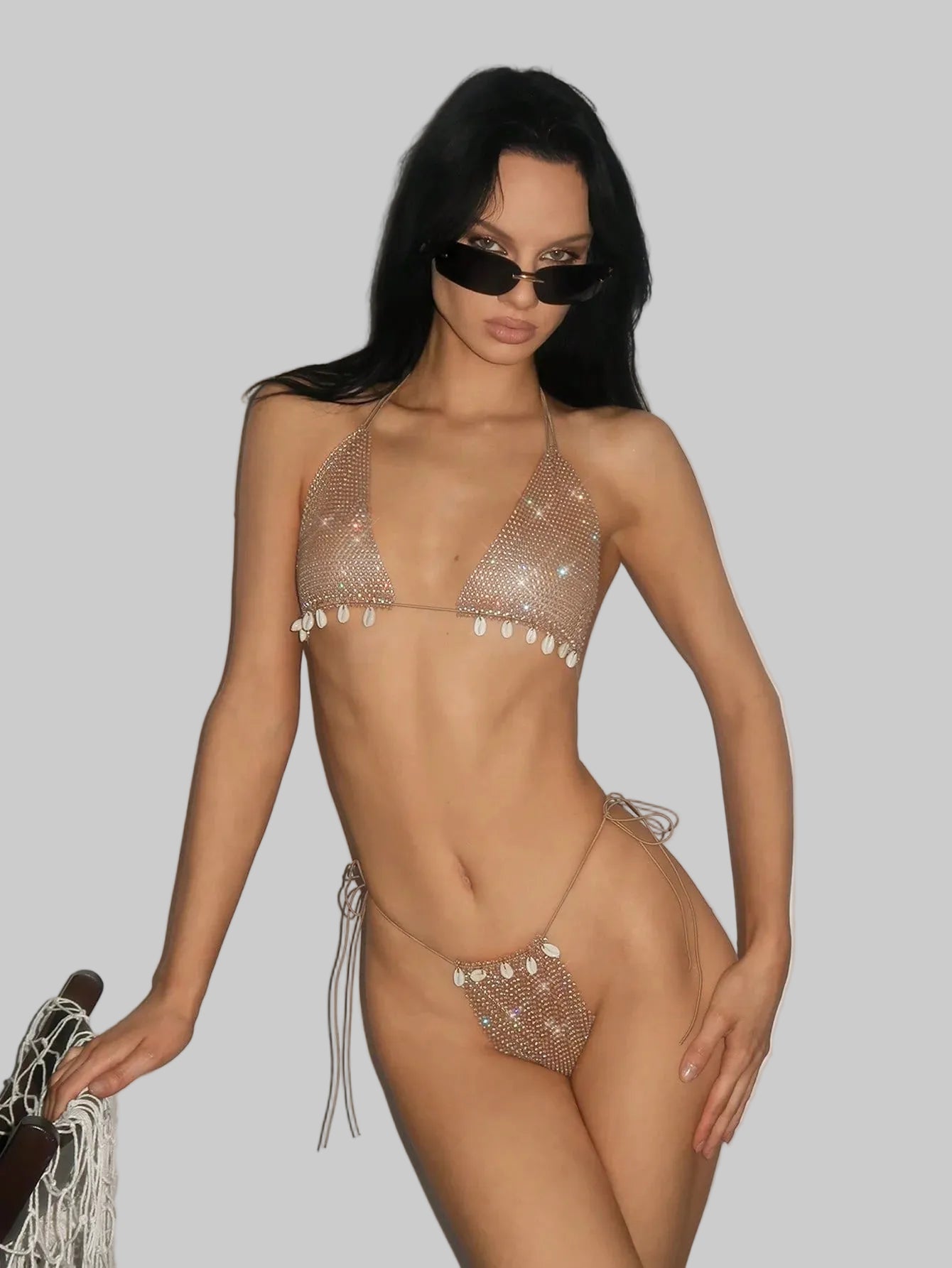 Rhinestone Shell Mesh Bikini Set