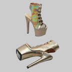 17CM Shiny Snake Print Platform Ankle Boots - 7 Inch High Heel Pole Dance Boots