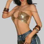 Sequin Deep V-Neck Halter Crop Top with Bandage Back