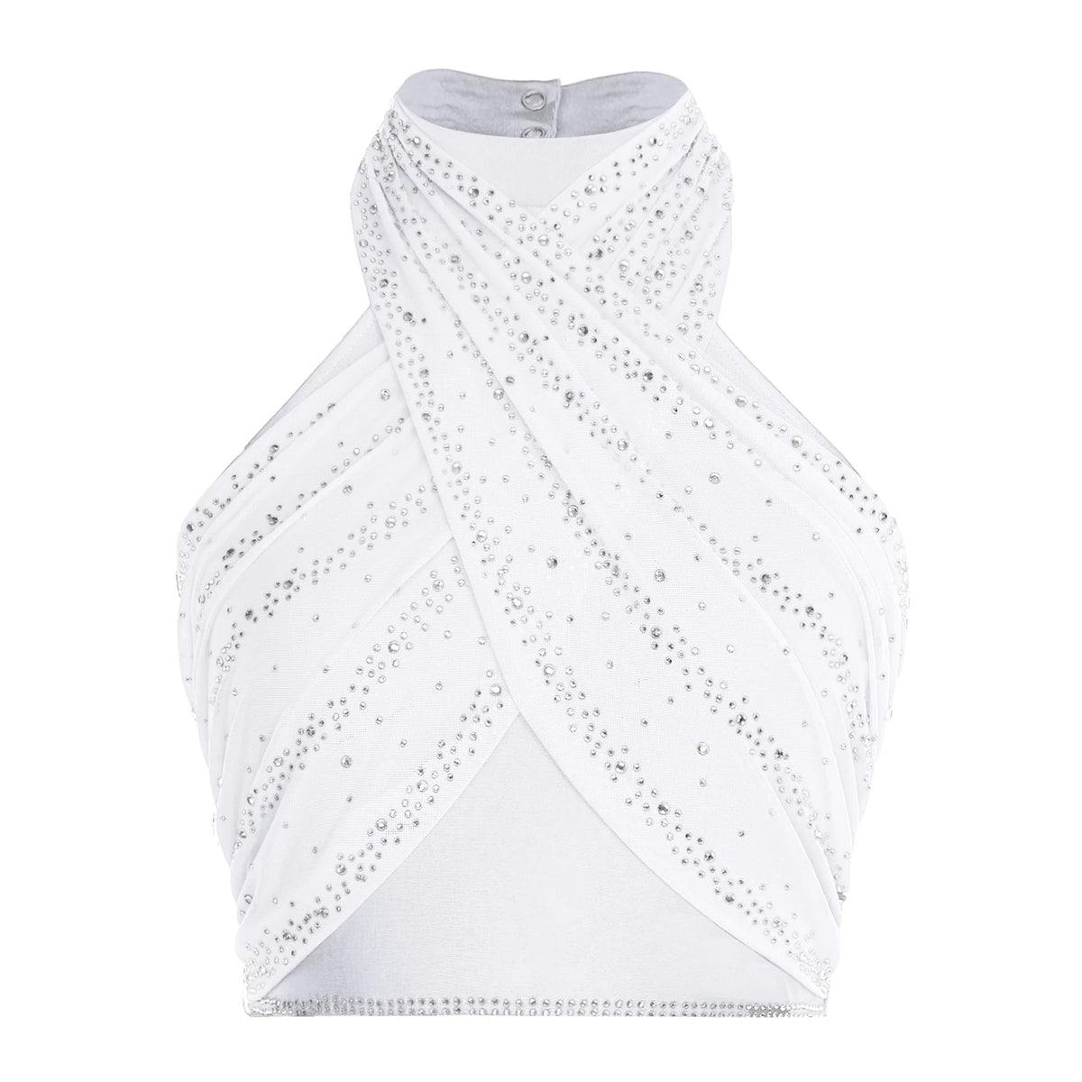 Women's Rhinestone Cross-Halter Dance Crop Top | Backless & Ruched Mesh | Latin & Salsa