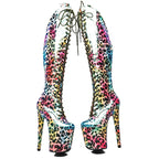 8-Inch Shiny Leopard Platform Boots with Cut-Outs