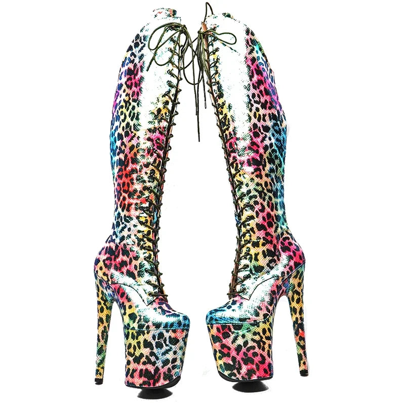 8-Inch Shiny Leopard Platform Boots with Cut-Outs