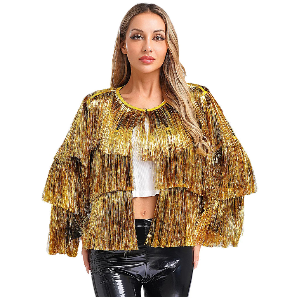 Gold Tiered Fringe Jacket | Sequin Tassel | Jazz Dance | Hollywood Glamour