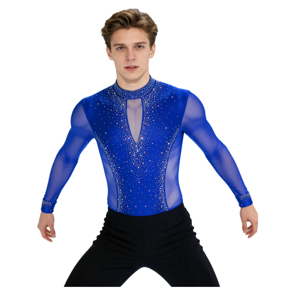Men's Latin Dance Leotard | Deep V-Neck & Sheer Mesh | Rhinestone & Tassels