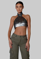 Metal Sequin Halter Crop Top