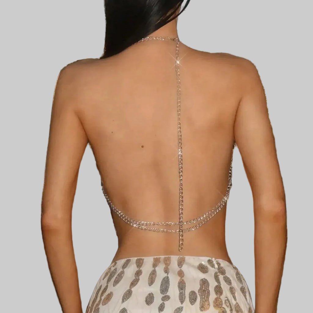 Metal Chain Tassel Body Chain Top - Backless Halter Sequin Tank