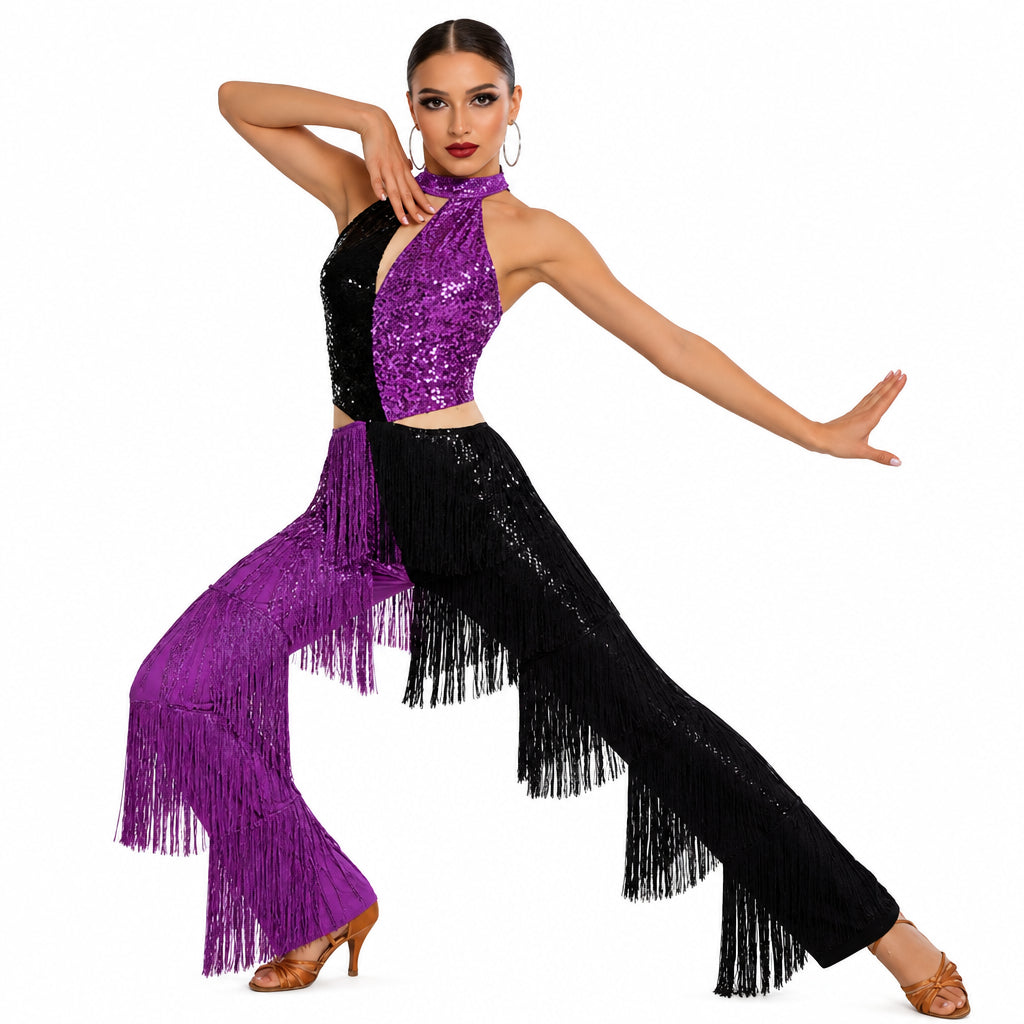 Latin Dance Jumpsuit | Sequin Contrast Fringe