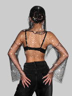 Rhinestone Mesh Hooded Crop Top - Sheer Fishnet Long Sleeve for Stage & Festival