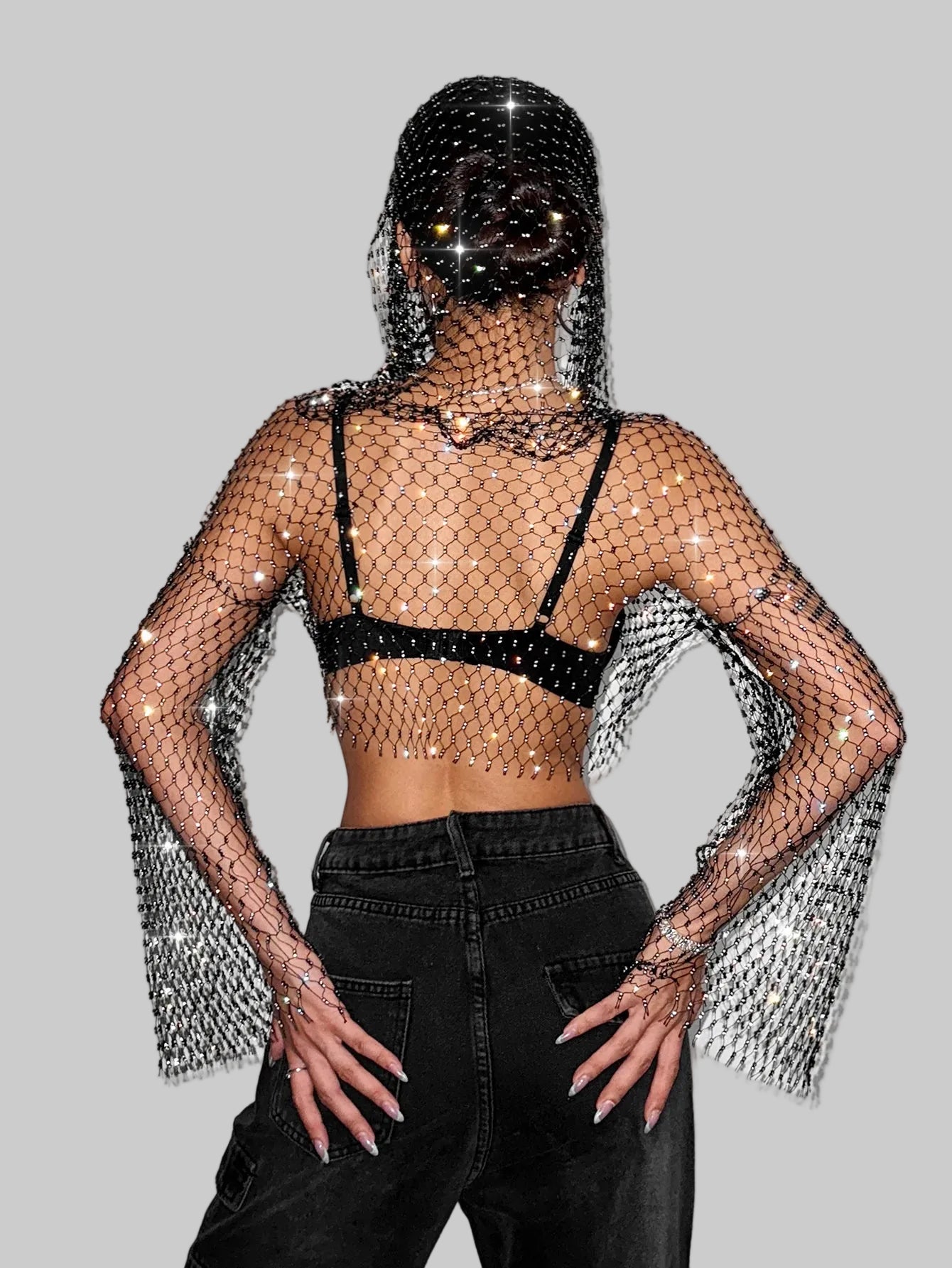 Rhinestone Mesh Hooded Crop Top - Sheer Fishnet Long Sleeve for Stage & Festival
