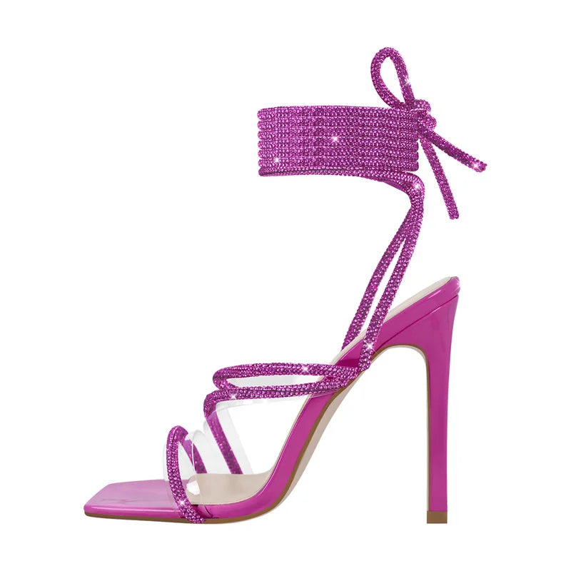 Rhinestone Lace-Up Stiletto Sandal | Crystal Strap | Multi-Color