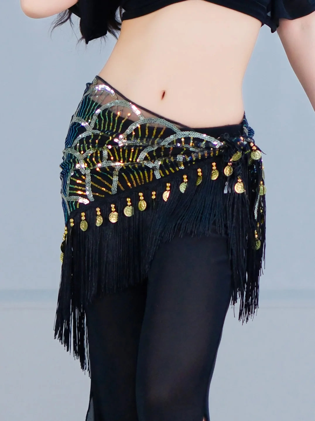 Belly Dance Hip Scarf | Sequin Fringe | Gold Coins