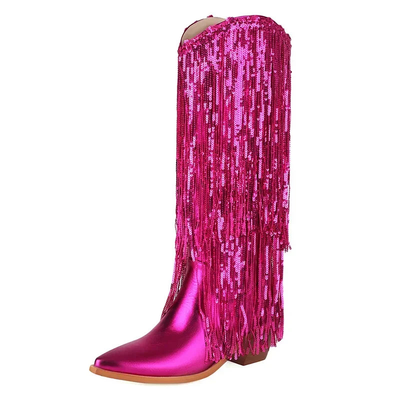 Knee-High Western Boots | Metallic Fringe