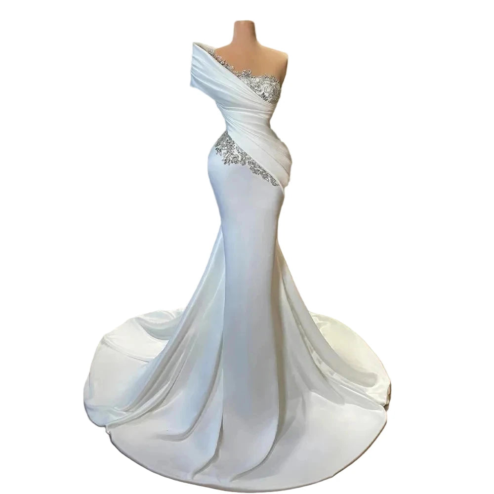 Ivory Satin Mermaid Gown | One-Shoulder | Crystal