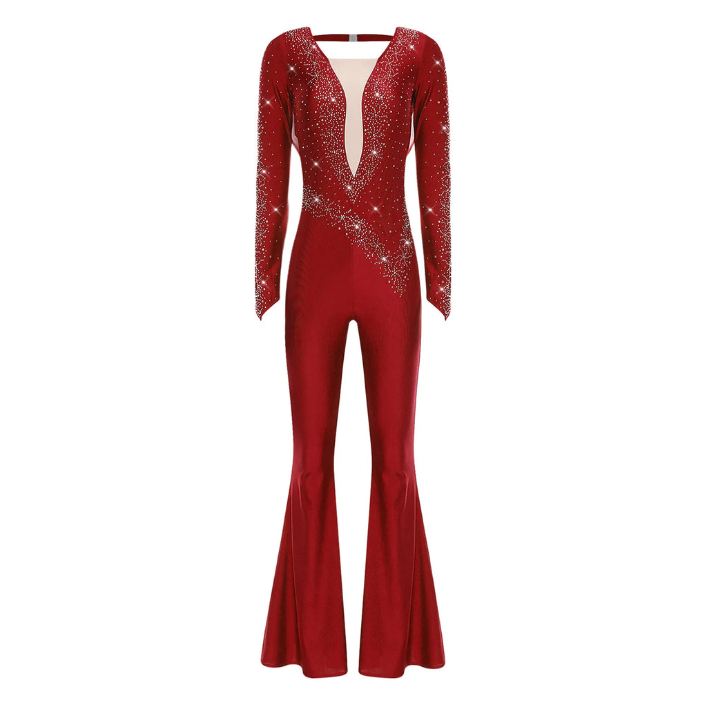 Women's Rhinestone Bell-Bottom Dance Jumpsuit | Deep V-Neck & Ruched Mesh | Latin & Performance