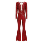 Women's Rhinestone Bell-Bottom Dance Jumpsuit | Deep V-Neck & Ruched Mesh | Latin & Performance