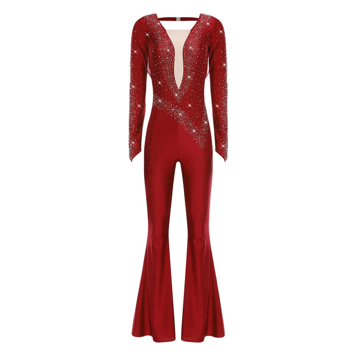 Women's Rhinestone Bell-Bottom Dance Jumpsuit | Deep V-Neck & Ruched Mesh | Latin & Performance