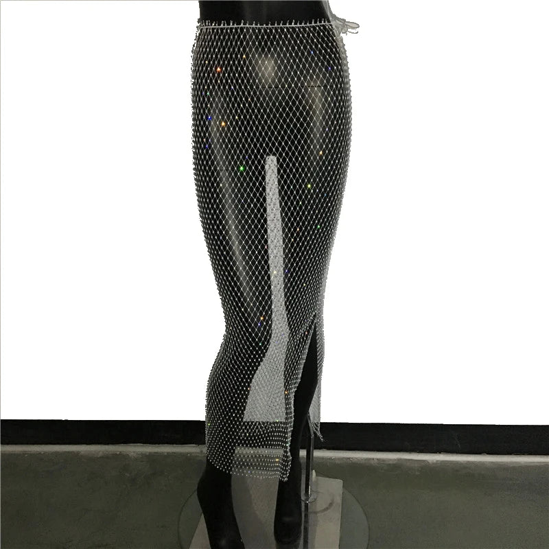 Rhinestone Fishnet Mesh Maxi Skirt - Sheer Split Beach Party Skirt