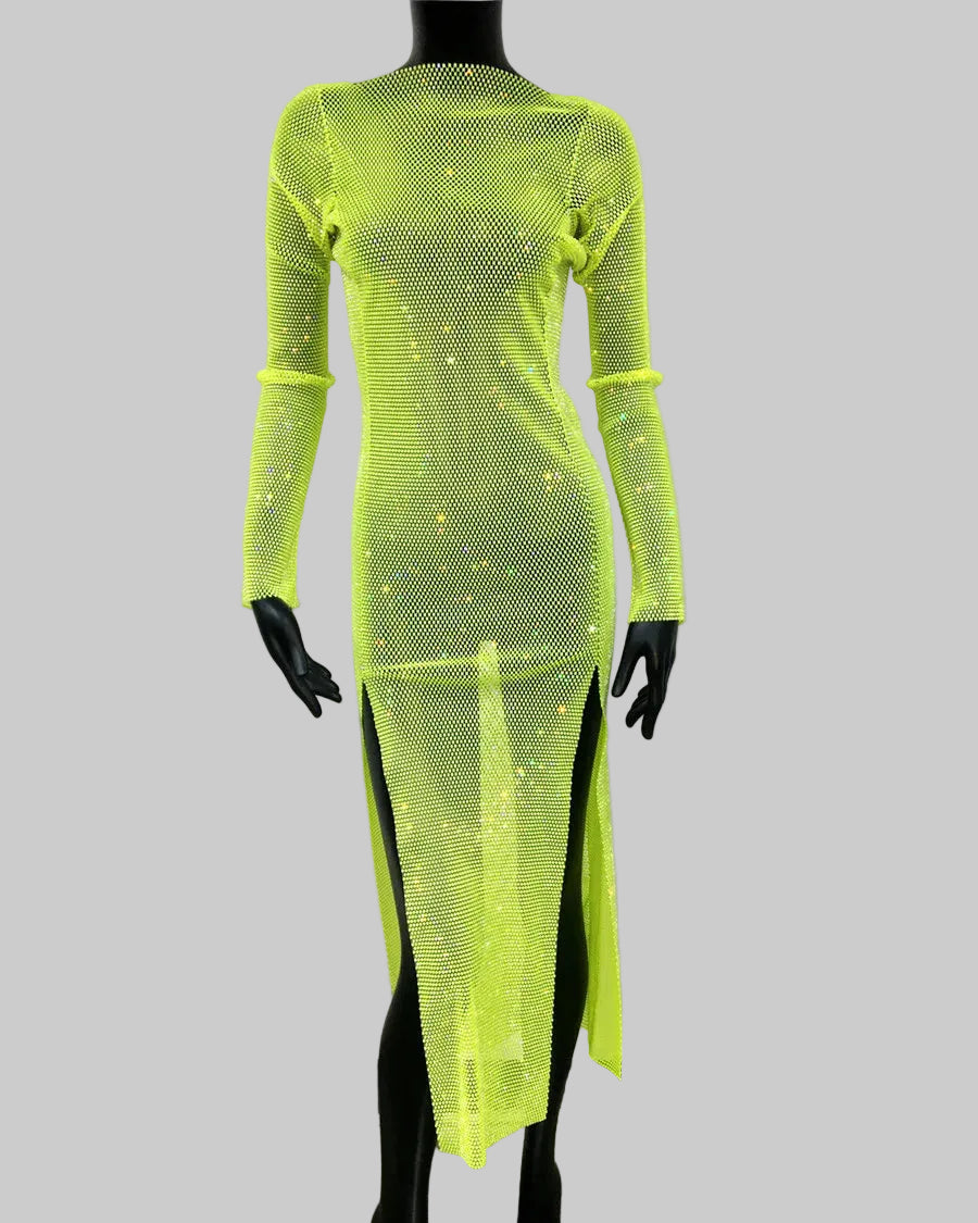 Crystal Rhinestone Bodycon Dress - Long Sleeve Sheer Maxi Dress