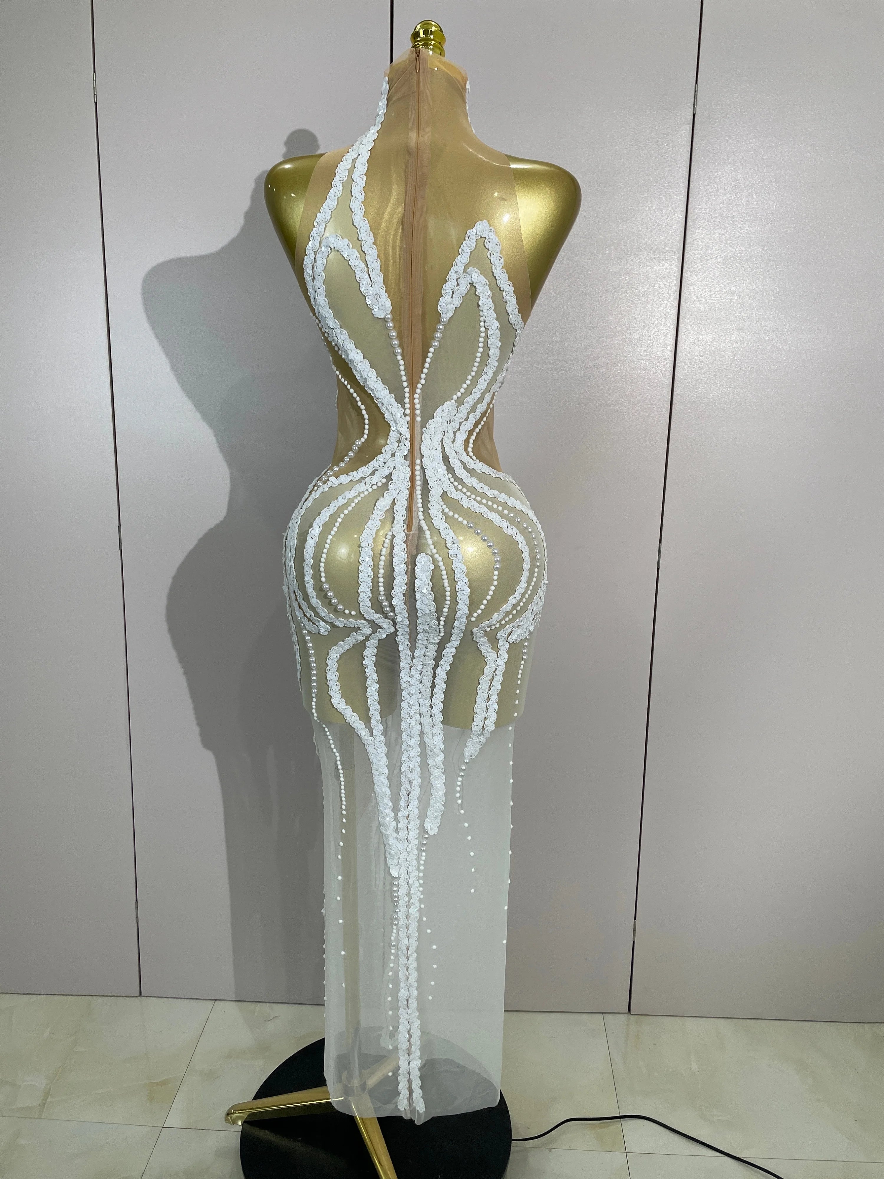 Pearl Strand Mesh Gown | See-Through | High Neck | White