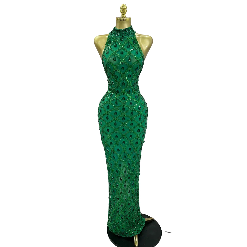 Diamond Sequin Mesh Halter Maxi Gown | Rhinestone | Stage