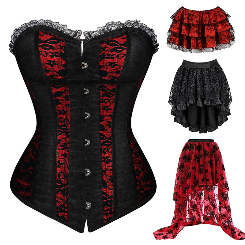 Gothic Floral Corset Dress Set | Red & Black | Lace Skirt | Plus Size