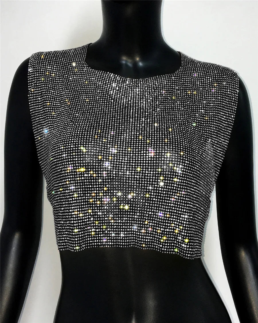 Rhinestone Backless Camisole - Sequin Metal Tank Top