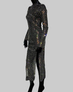 Crystal Rhinestone Bodycon Dress - Long Sleeve Sheer Maxi Dress