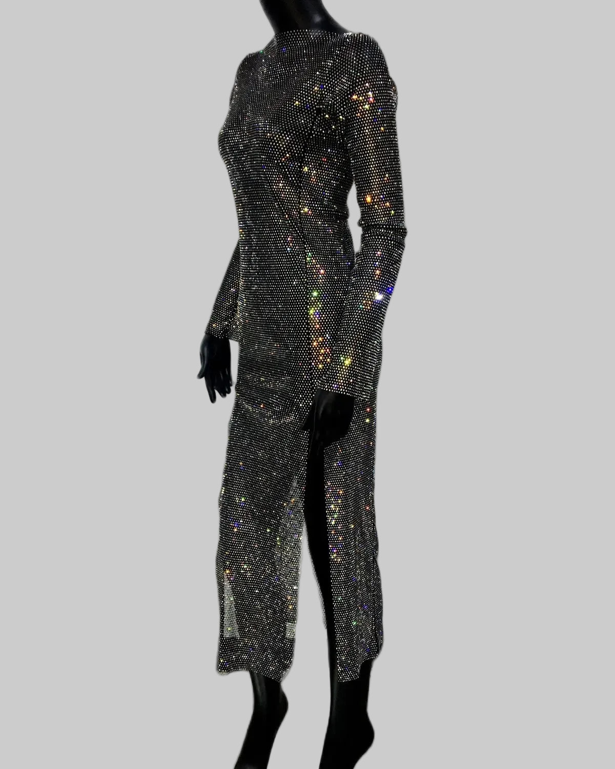 Crystal Rhinestone Bodycon Dress - Long Sleeve Sheer Maxi Dress
