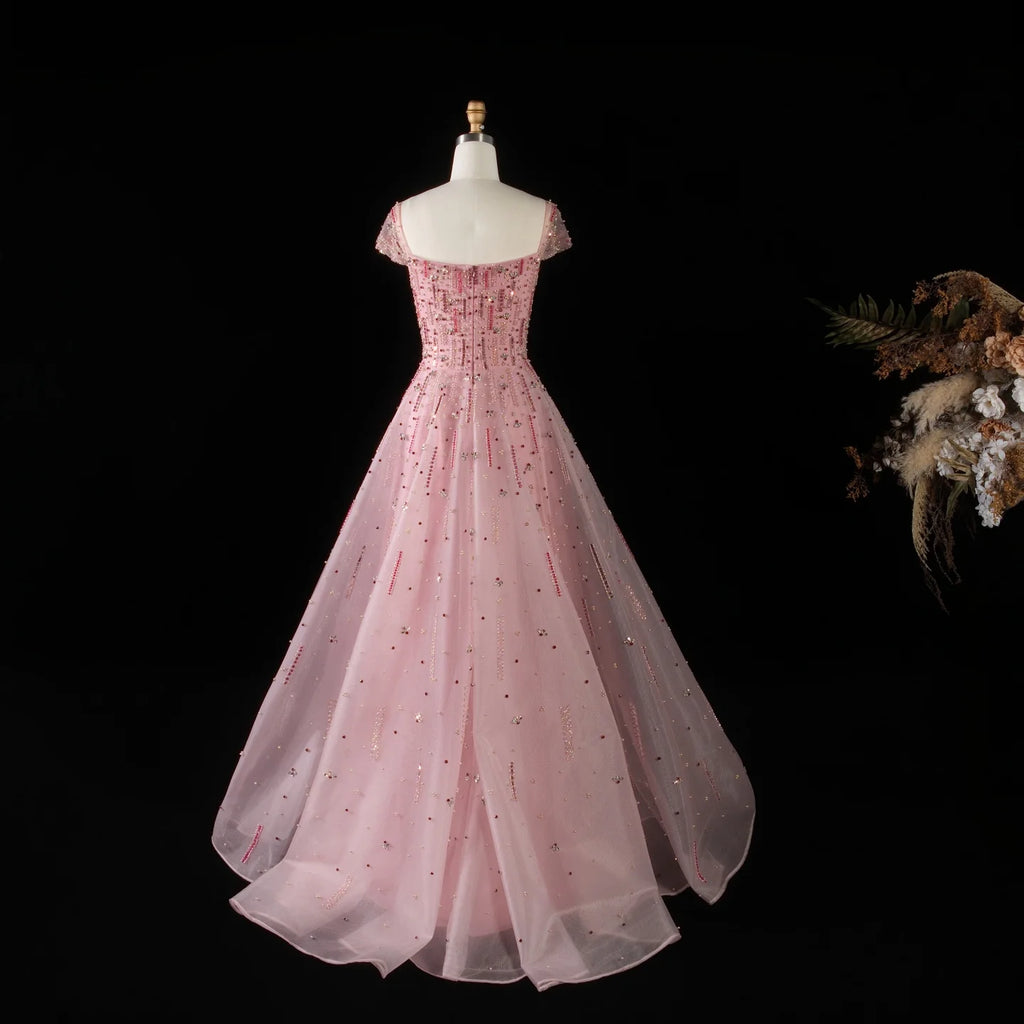 Crystal Beaded Cap Sleeve A-Line Pageant Gown | Square Neck | Pink