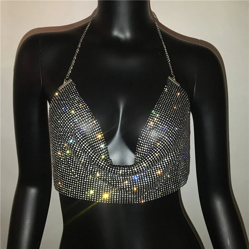 Shiny Rhinestone Deep V-Neck Crop Top - Backless Party Camisole