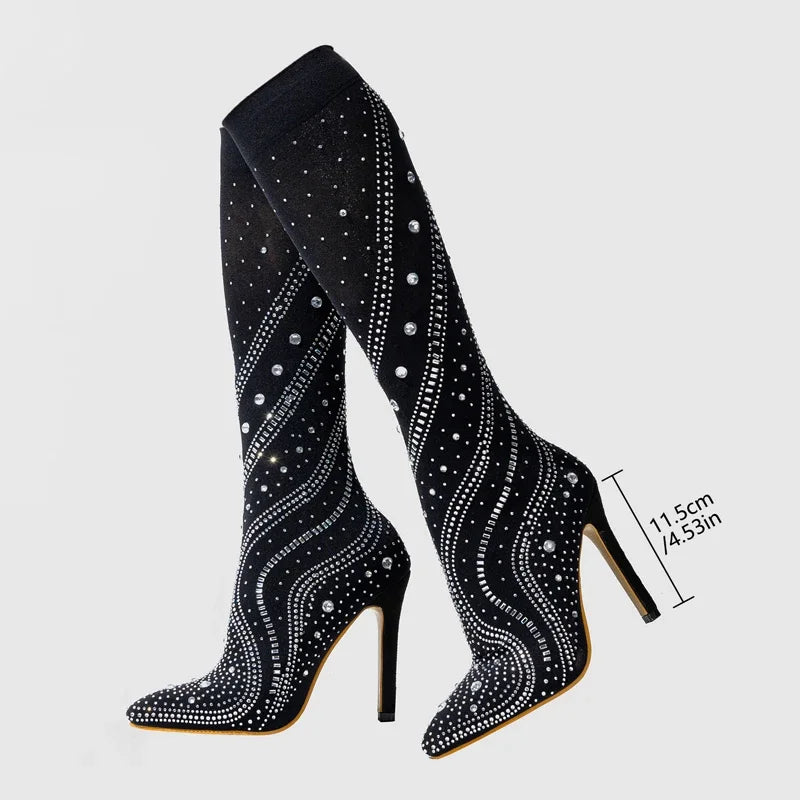 Crystal Diamond Stretch OTK Boots | Stiletto | 11.5cm Heel