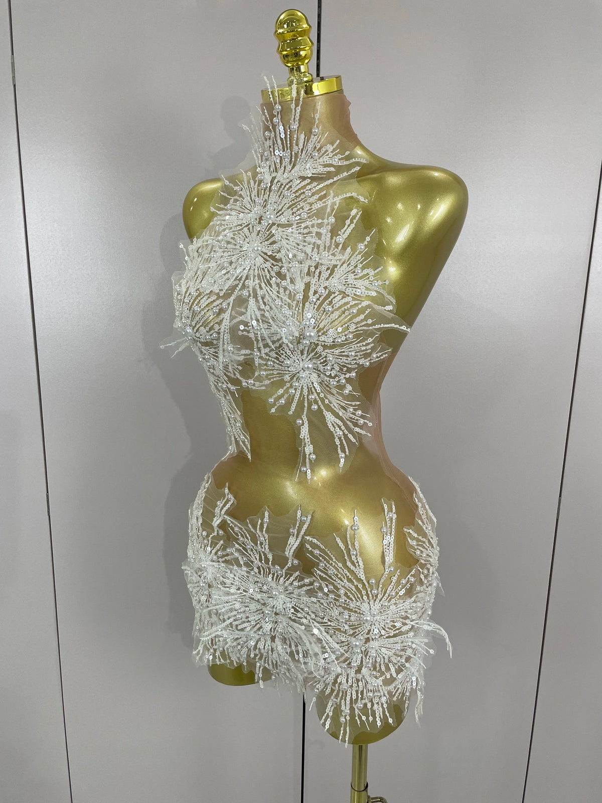 Pearl Starburst Mesh Mini Dress | 3D Appliqué | Stage & Performance