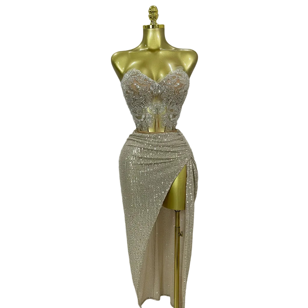 Sequin Beaded Corset & High-Slit Skirt Set | Strapless | Champagne
