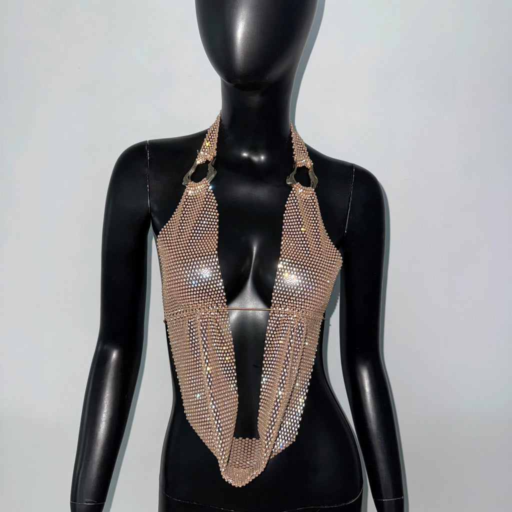 Rhinestone Mesh Halter Crop Top - Sheer Backless