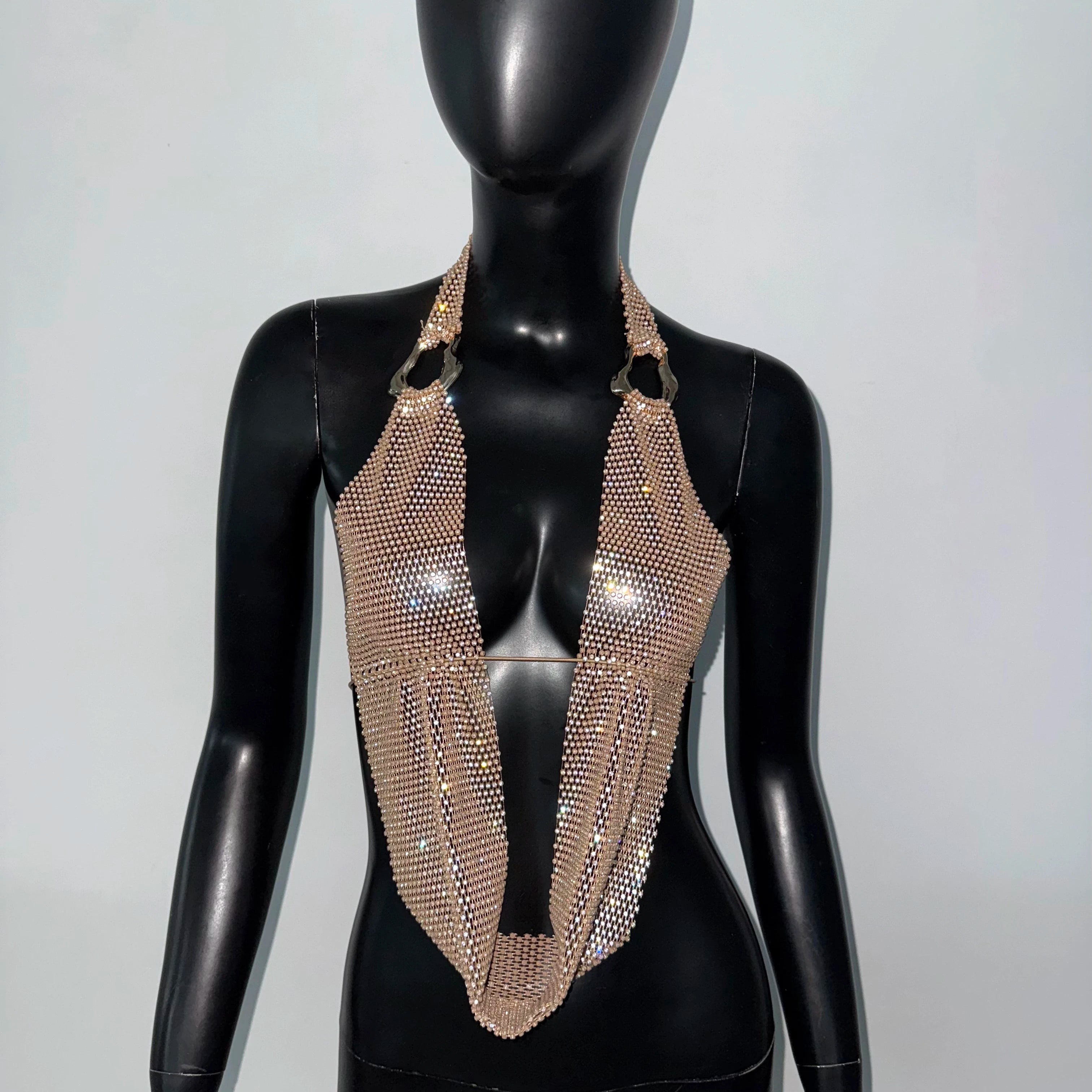 Rhinestone Mesh Halter Crop Top - Sheer Backless