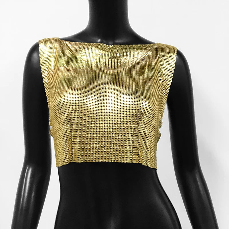 Handmade Metal Sequin Backless Crop Top