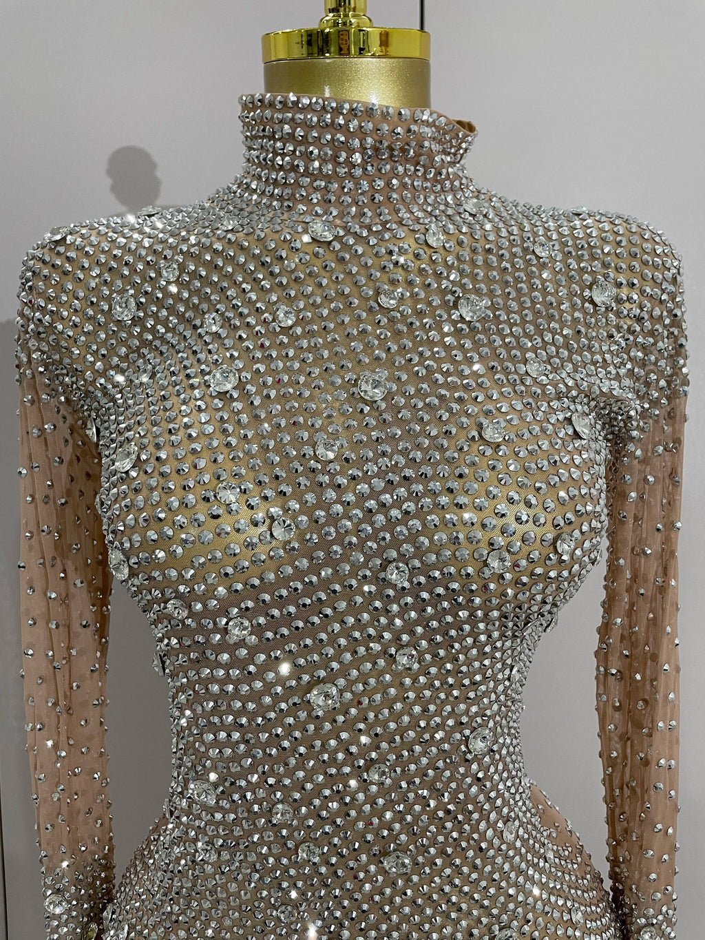 Rhinestone Mesh Bodysuit | Long Sleeve & Gloves | S–XL