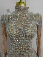 Rhinestone Mesh Bodysuit | Long Sleeve & Gloves | S–XL