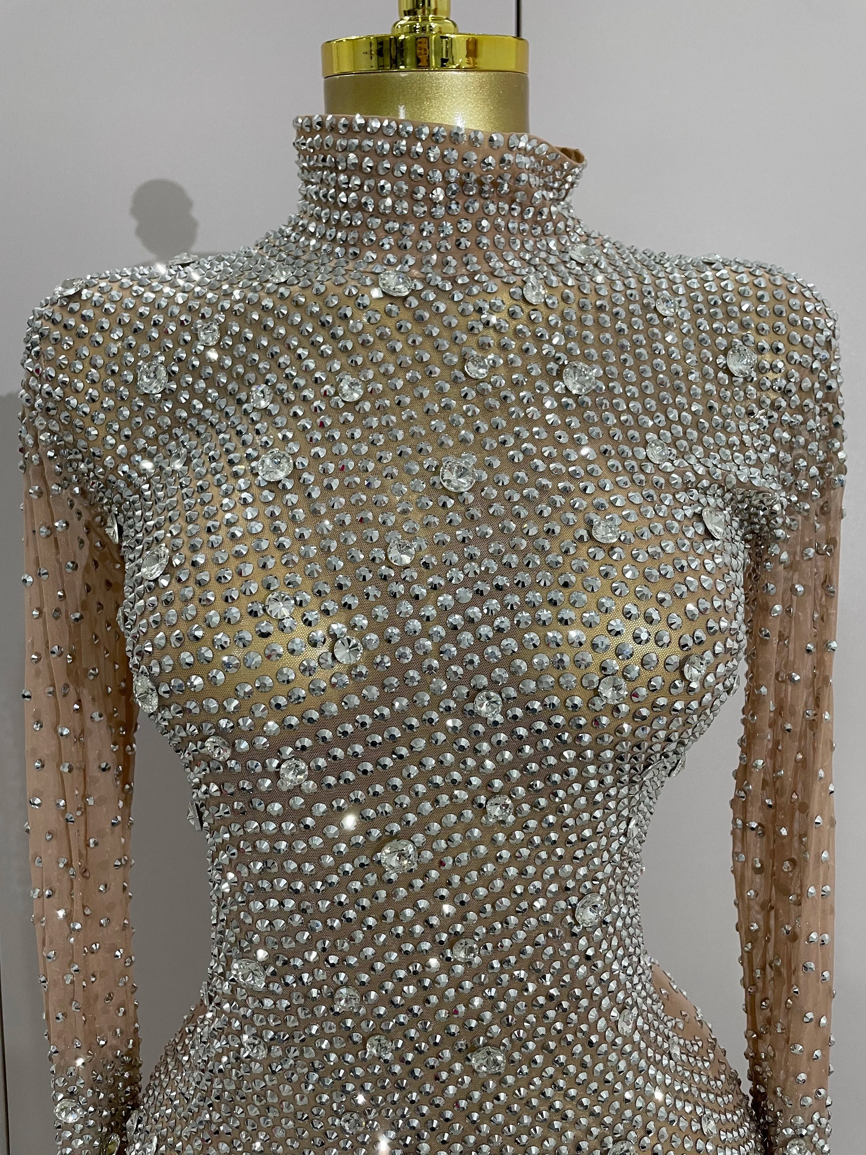 Rhinestone Mesh Bodysuit | Long Sleeve & Gloves | S–XL