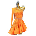 Orange Rhinestone Latin Dance Dress with Sash Details