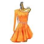 Orange Rhinestone Latin Dance Dress with Sash Details