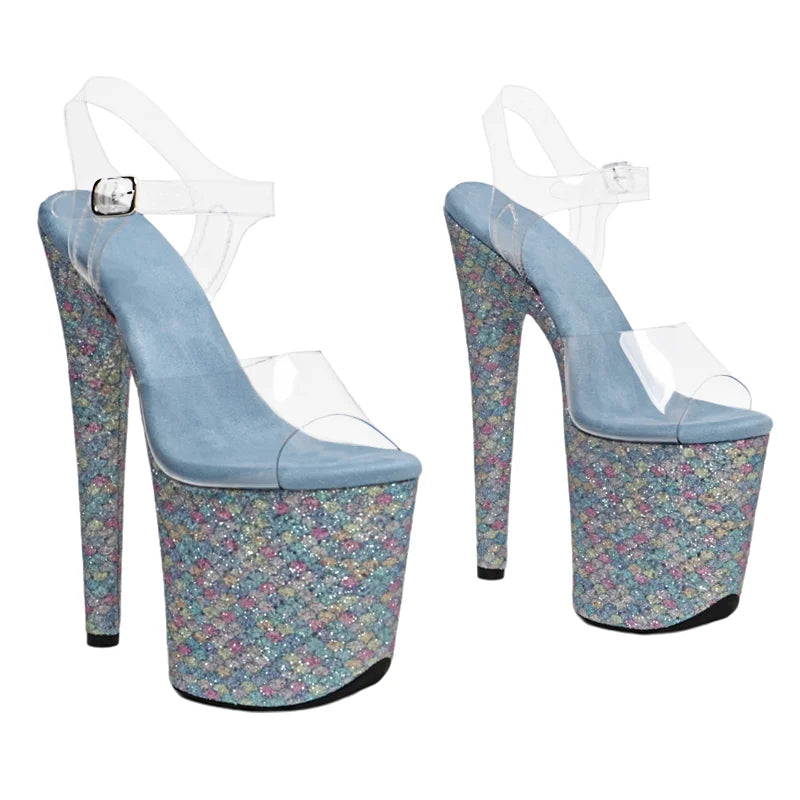 20cm Clear Platform Sandals - Open Toe Glitter Dance Heels