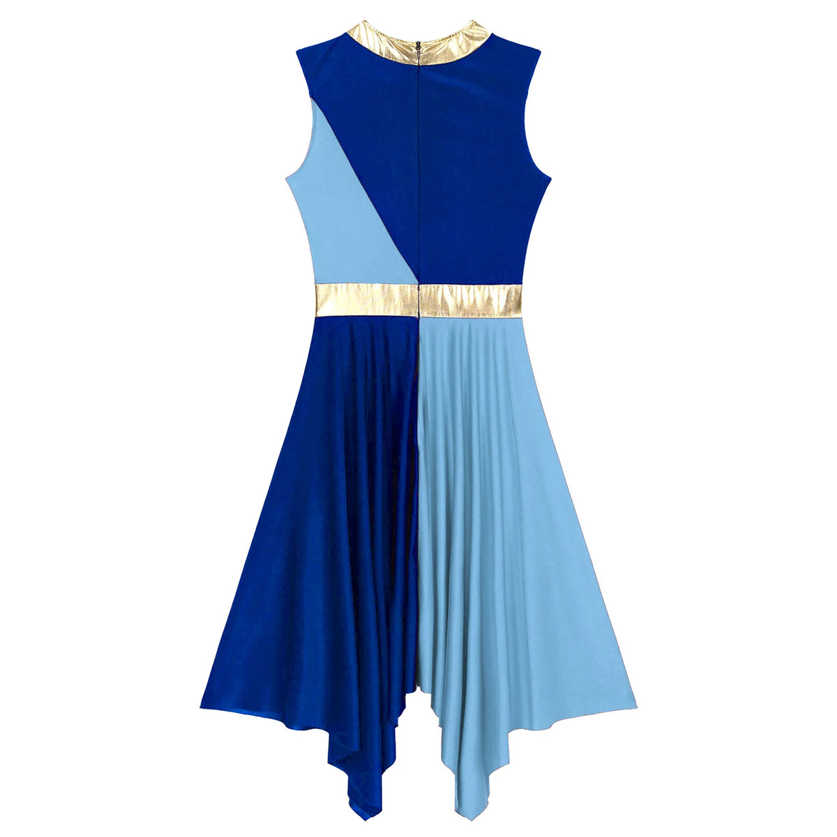 Color-Block Lyrical Dance Dress | Metallic Waist | Asymmetrical Hem | Sleeveless
