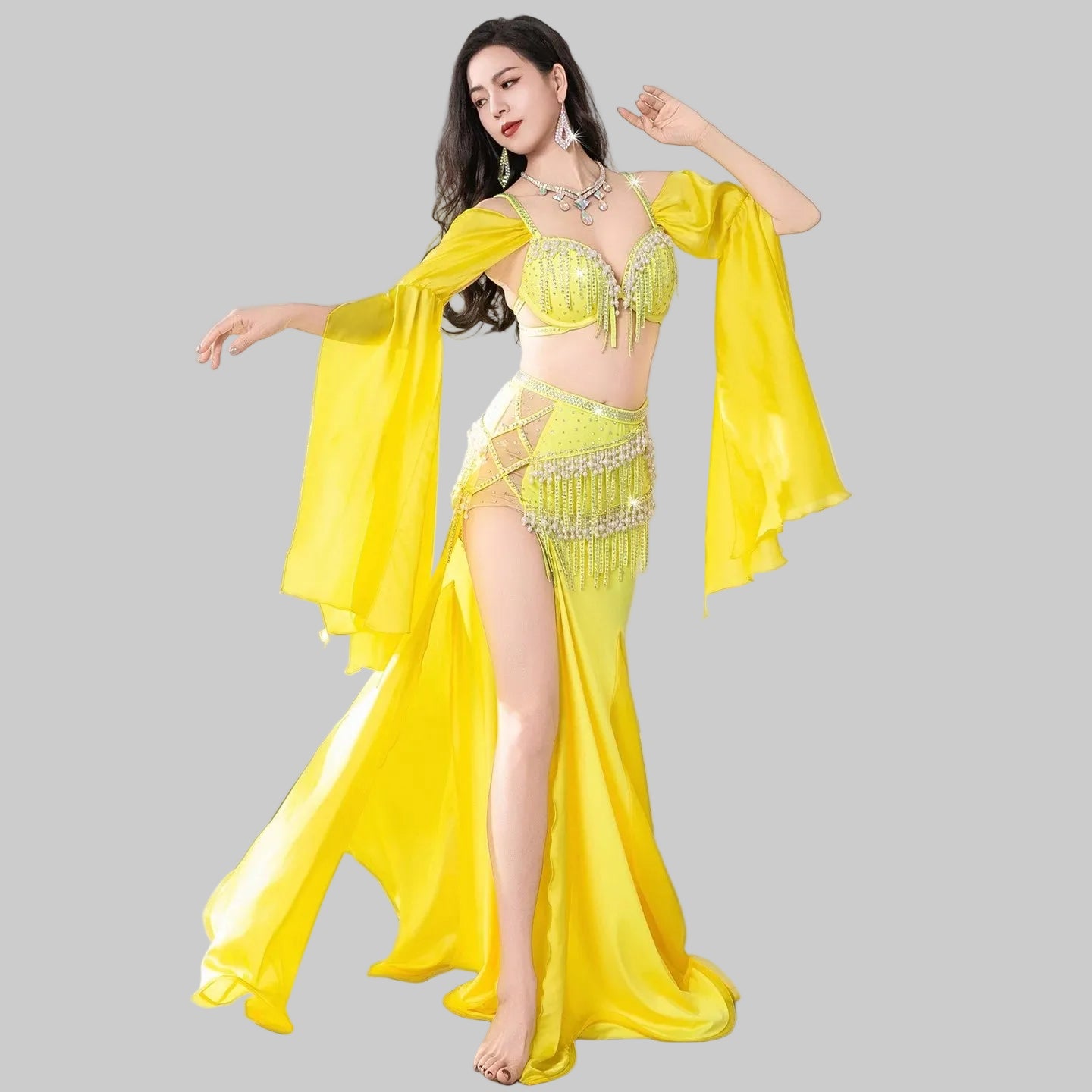 Egyptian Belly Dance Costume - Crystal Beaded Bra, Skirt & Sleeves Set