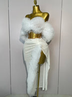 Feather Trim Two-Piece Set | Off-Shoulder Top & Slit Skirt | Stage